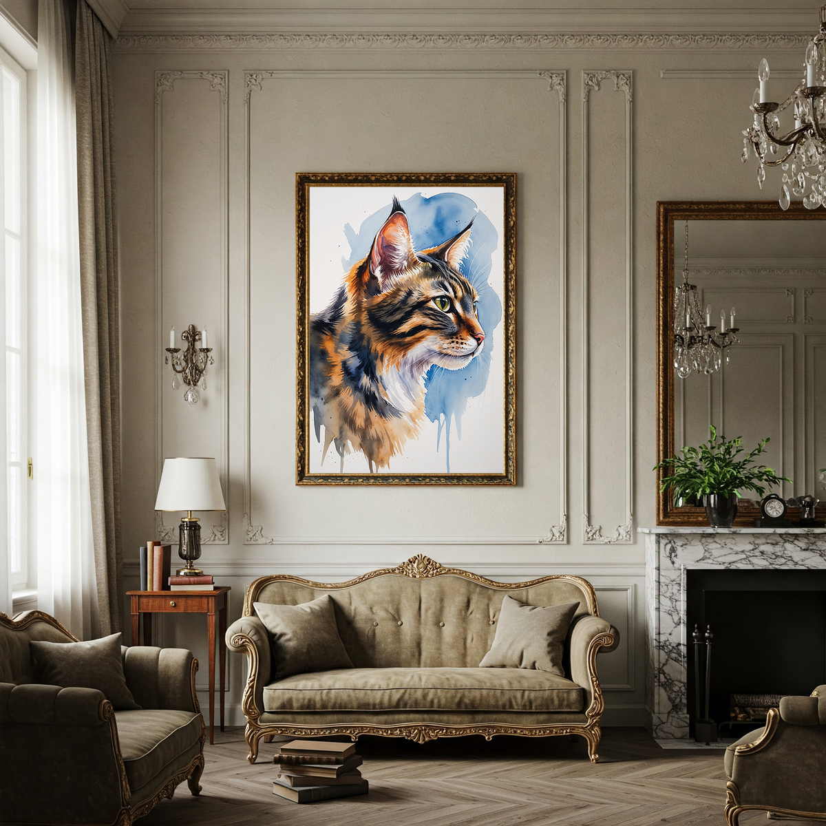 Watercolor Siberian cat portrait above a sofa in a classic living room