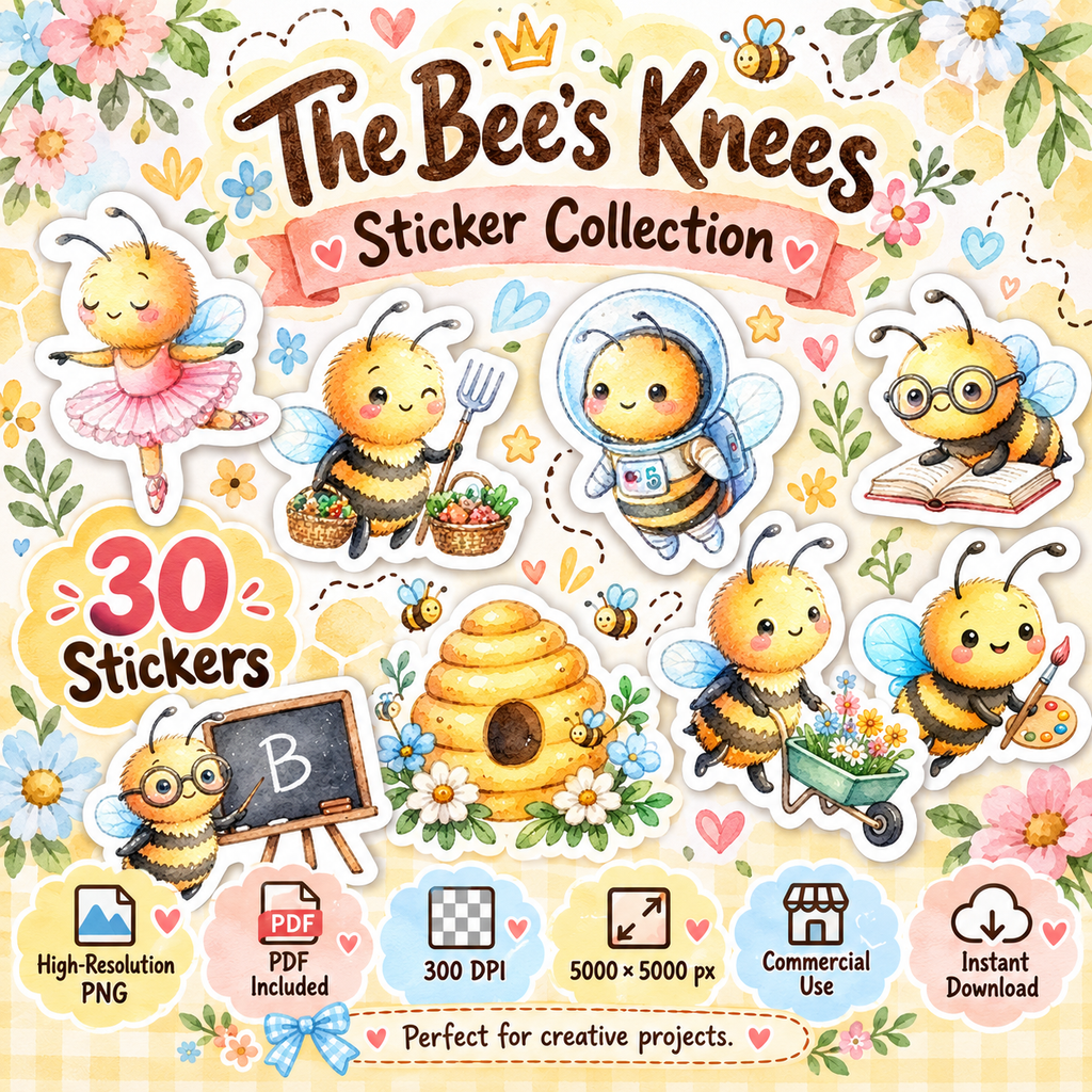 Cute Bumble Bee Stickers PNG Clipart Pack | Digital Download