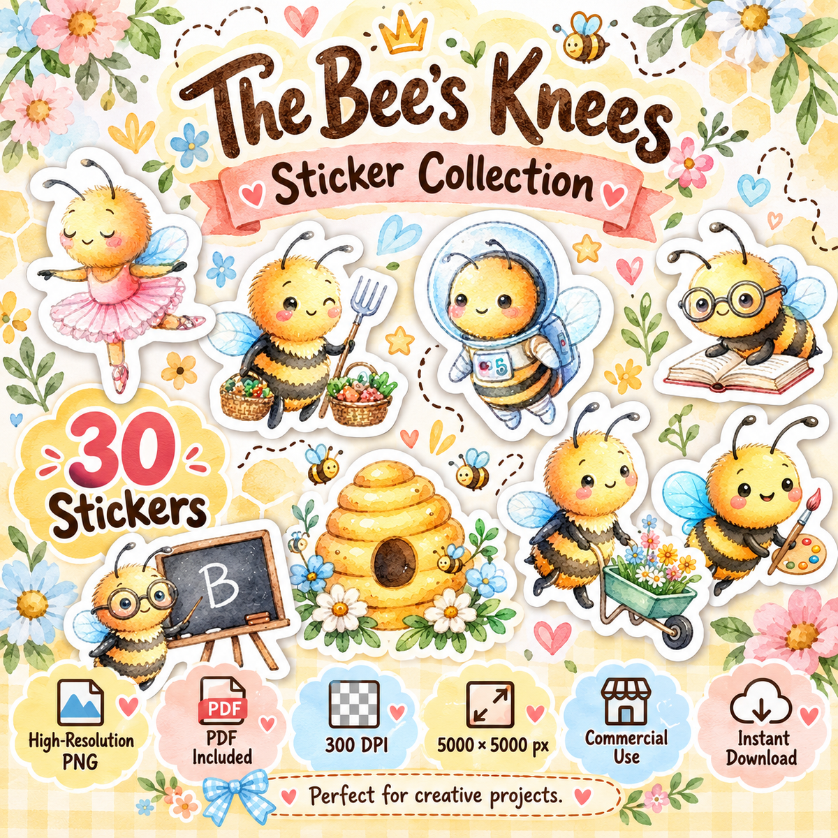 Cute Bumble Bee Stickers PNG Clipart Pack | Digital Download