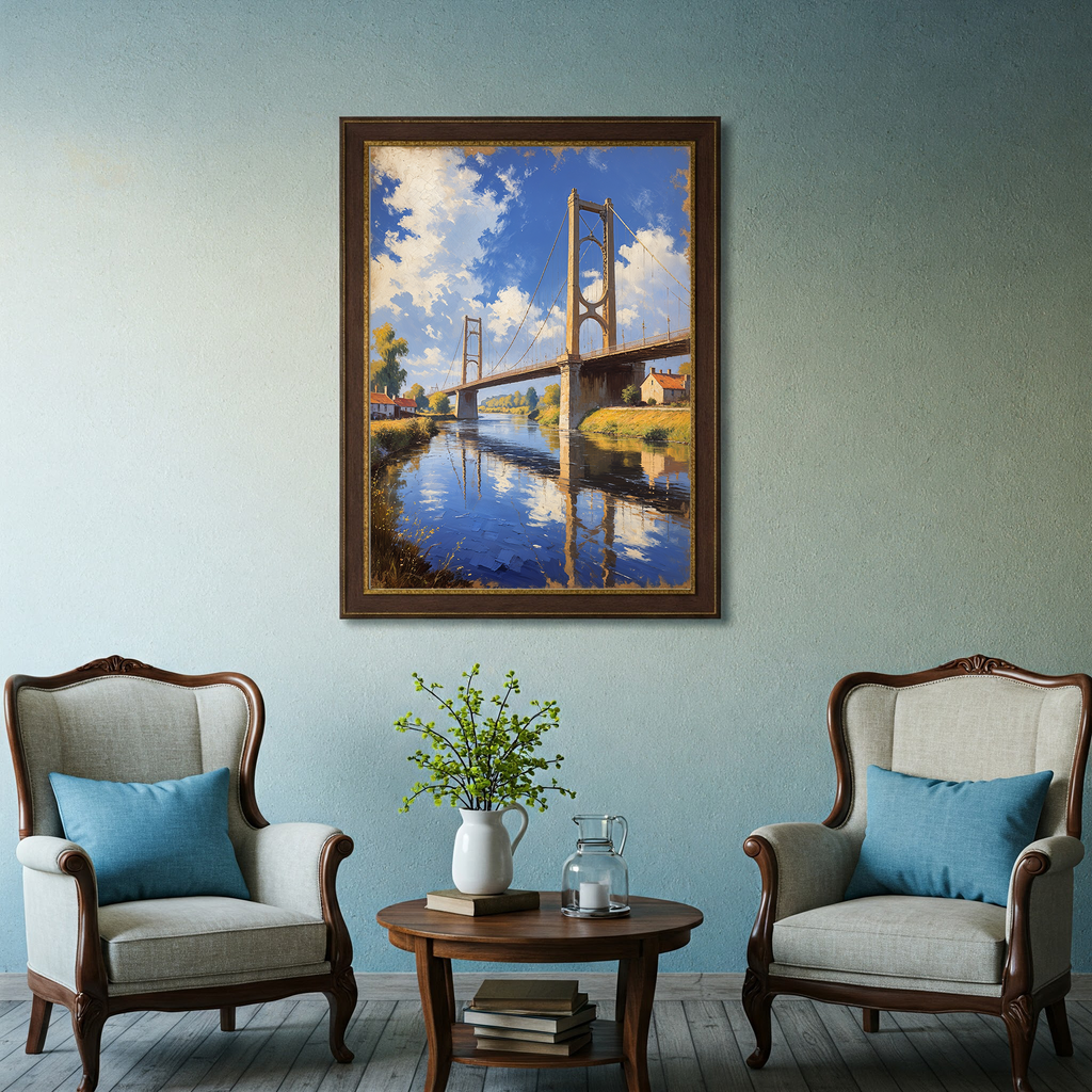 Vintage Suspension Bridge River Painting Wall Art | Digital Download