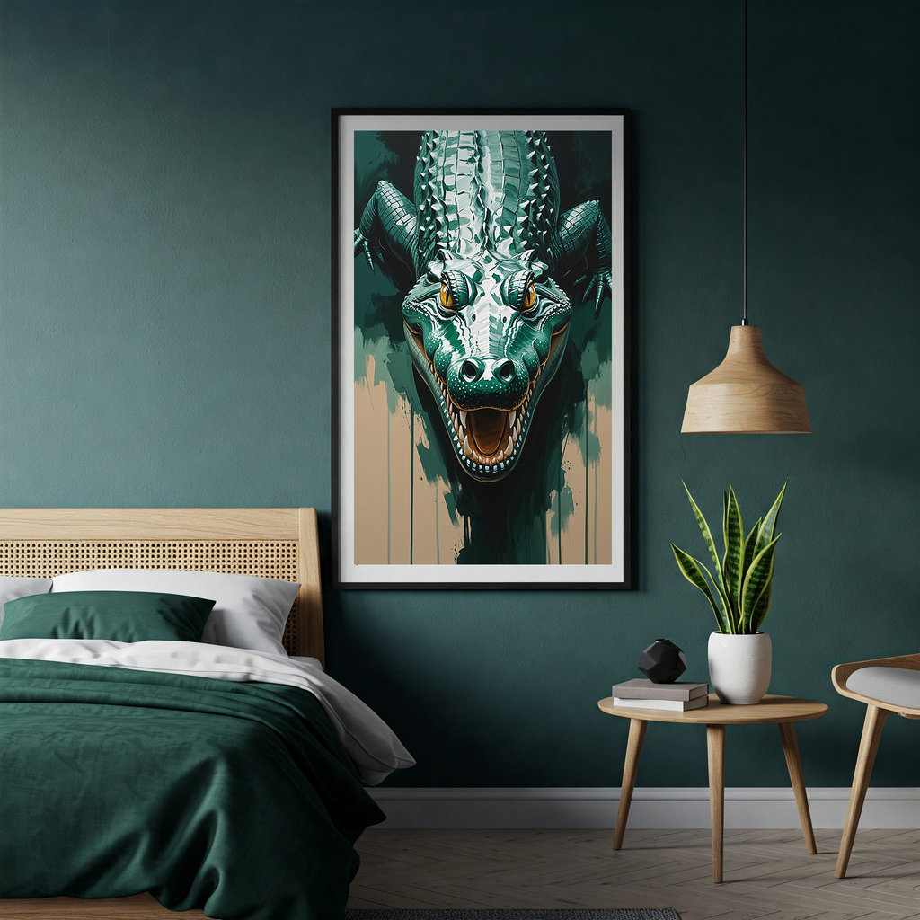 Abstract alligator digital art print by Reflectionare, modern reptile wall decor featuring vibrant, stylized alligator design.