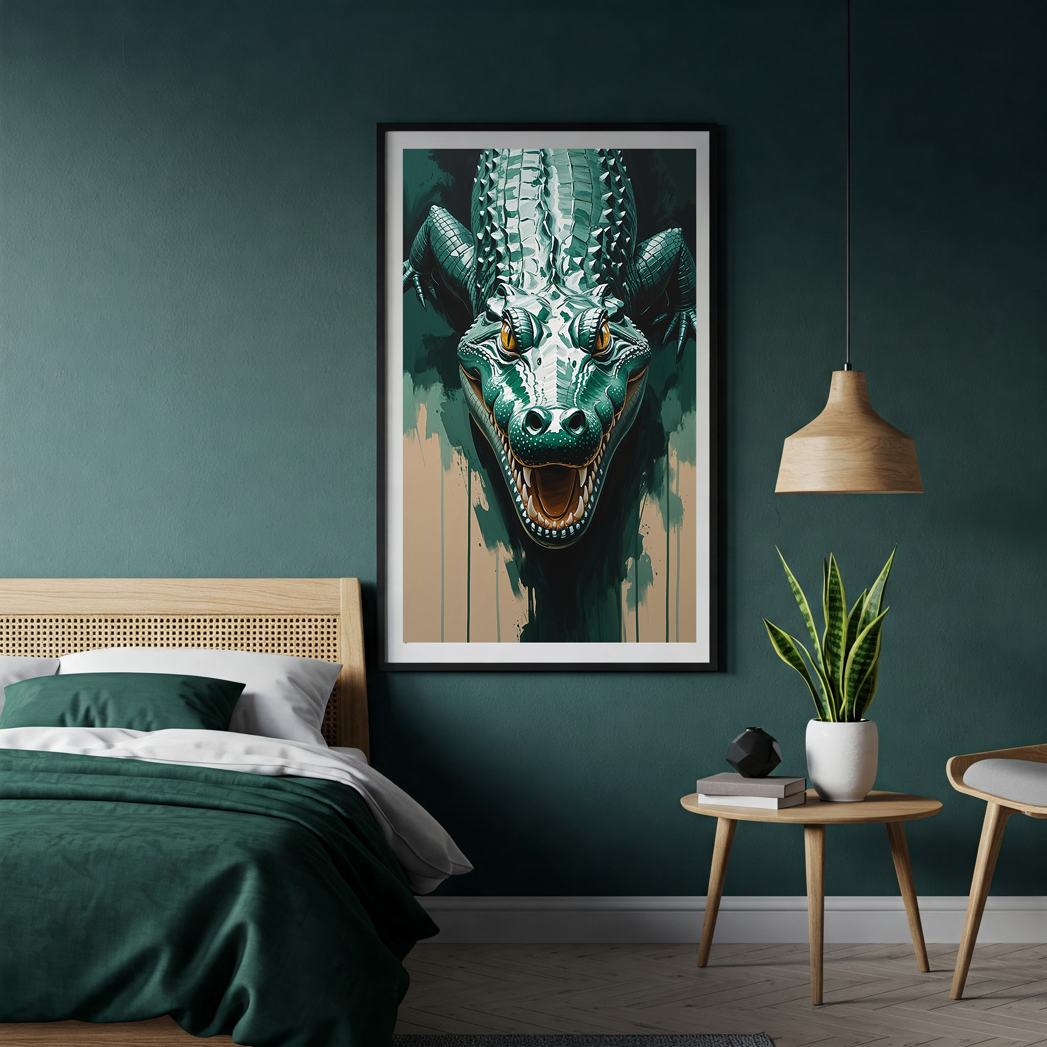 Abstract alligator digital art print by Reflectionare, modern reptile wall decor featuring vibrant, stylized alligator design.