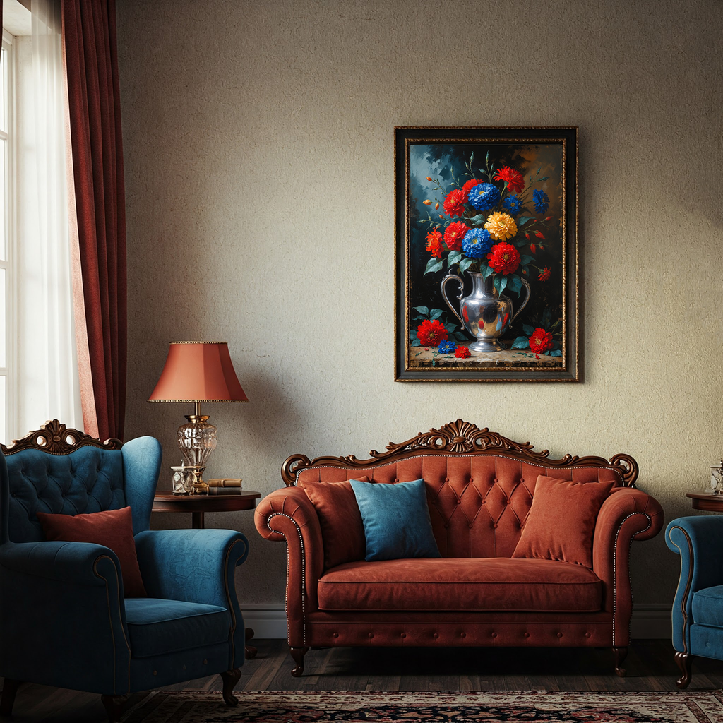 Vintage Silver Vase Red Blue Flowers Painting | Digital Download
