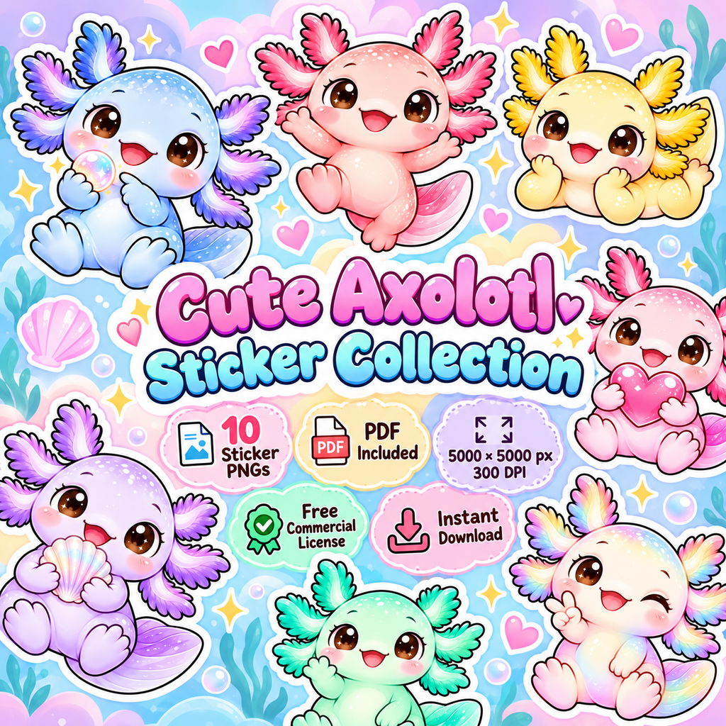 Cute Axolotl Stickers PNG Clipart Pack | Digital Download