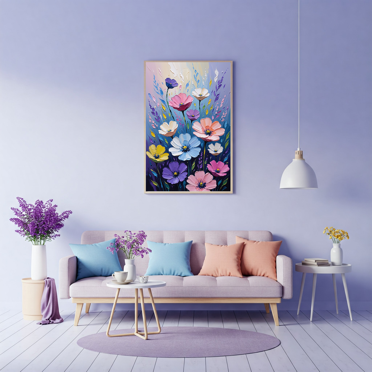 Colorful Reflectionare botanical wall art displayed in a pastel living room