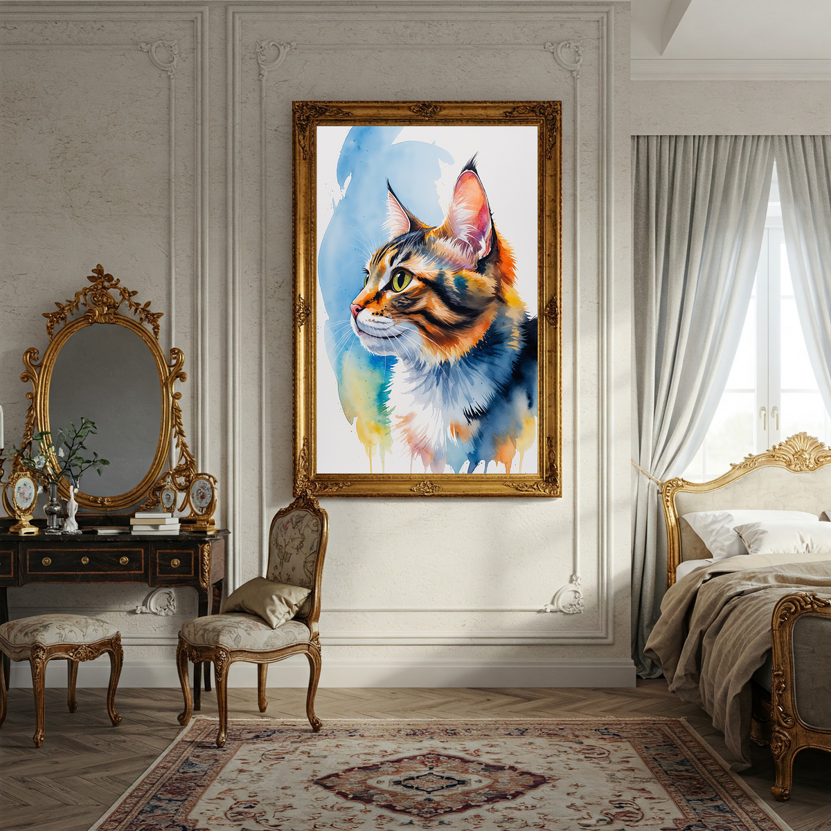 Watercolor tabby cat portrait in an elegant bedroom