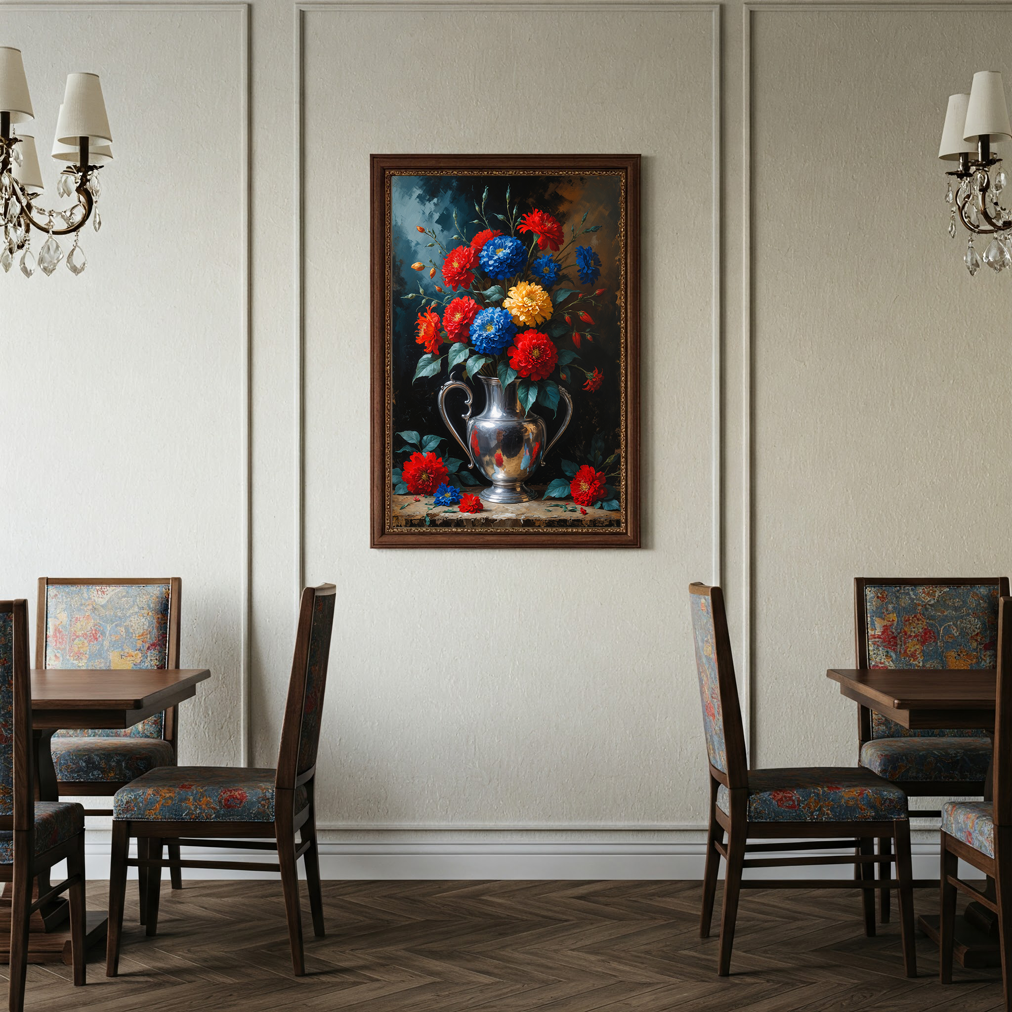 Vintage Silver Vase Red Blue Flowers Painting | Digital Download