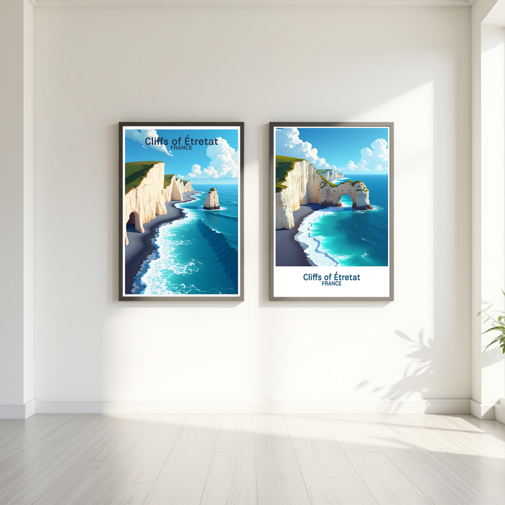 Digital art of the Cliffs of Étretat by Reflectionare, showcasing dramatic white chalk cliffs and ocean views.