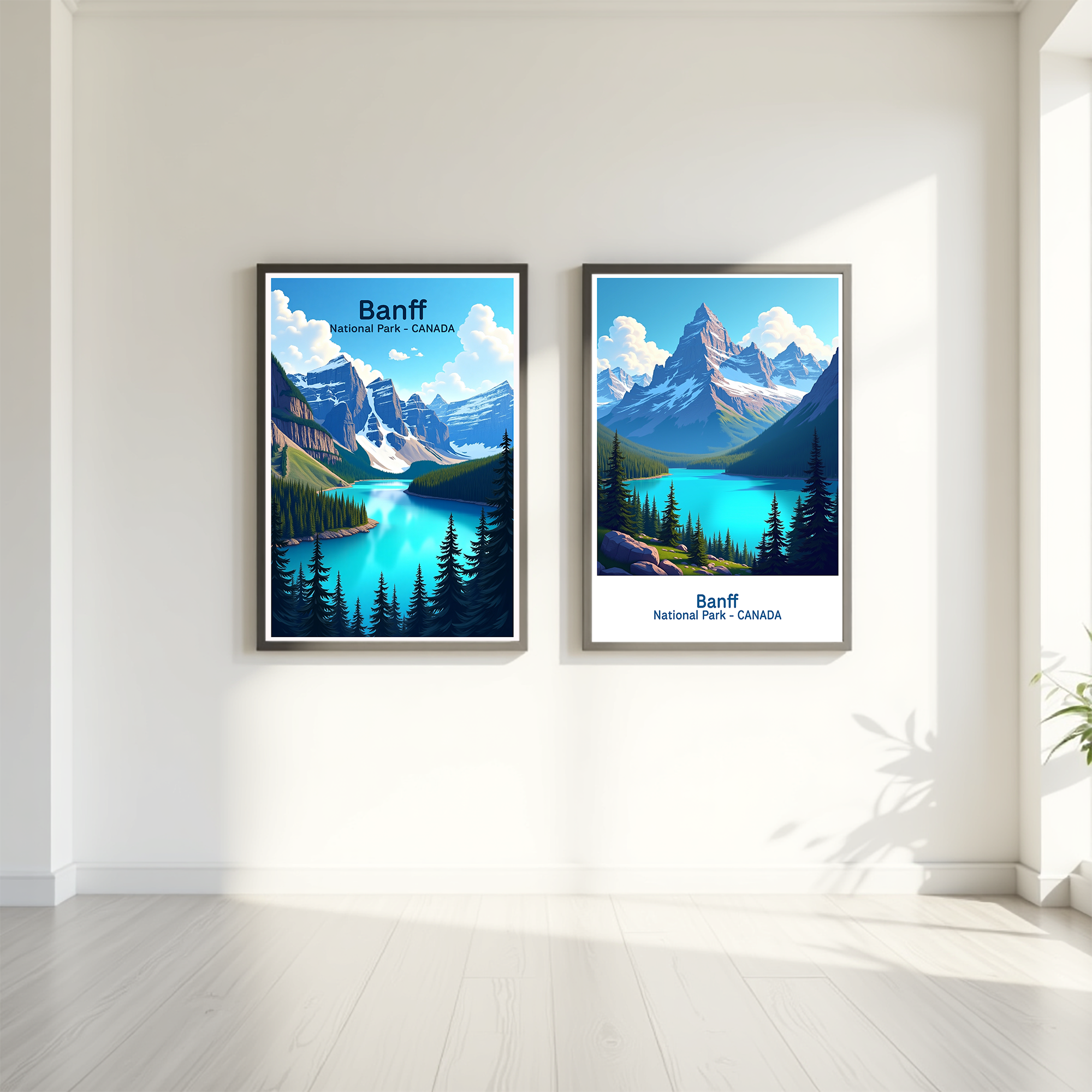 Reflectionare digital art of Banff National Park showcasing mountain peaks, lush forests, and scenic natural beauty.