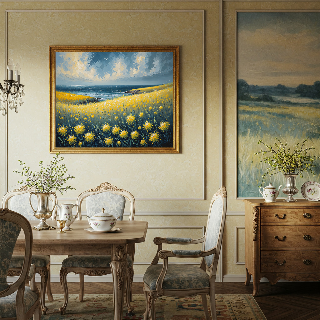 Yellow Wildflowers Ocean Coast Oil Painting | Digital Download