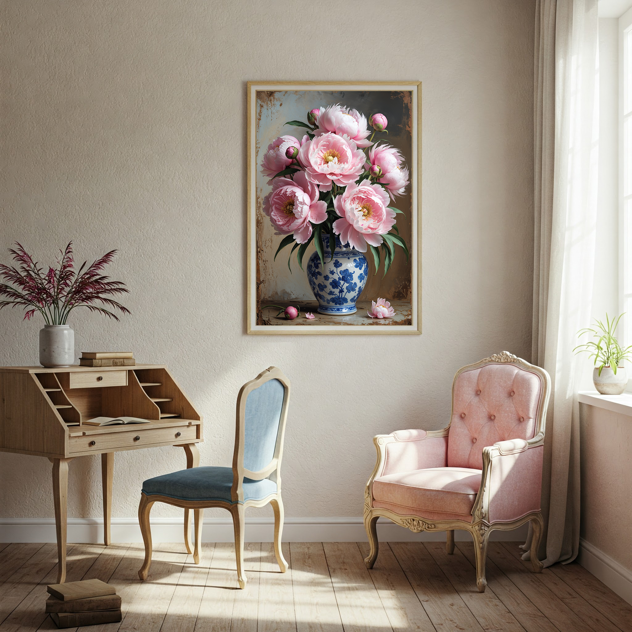 Vintage Pink Peony Bouquet Wall Art Print | Impressionist Floral Decor