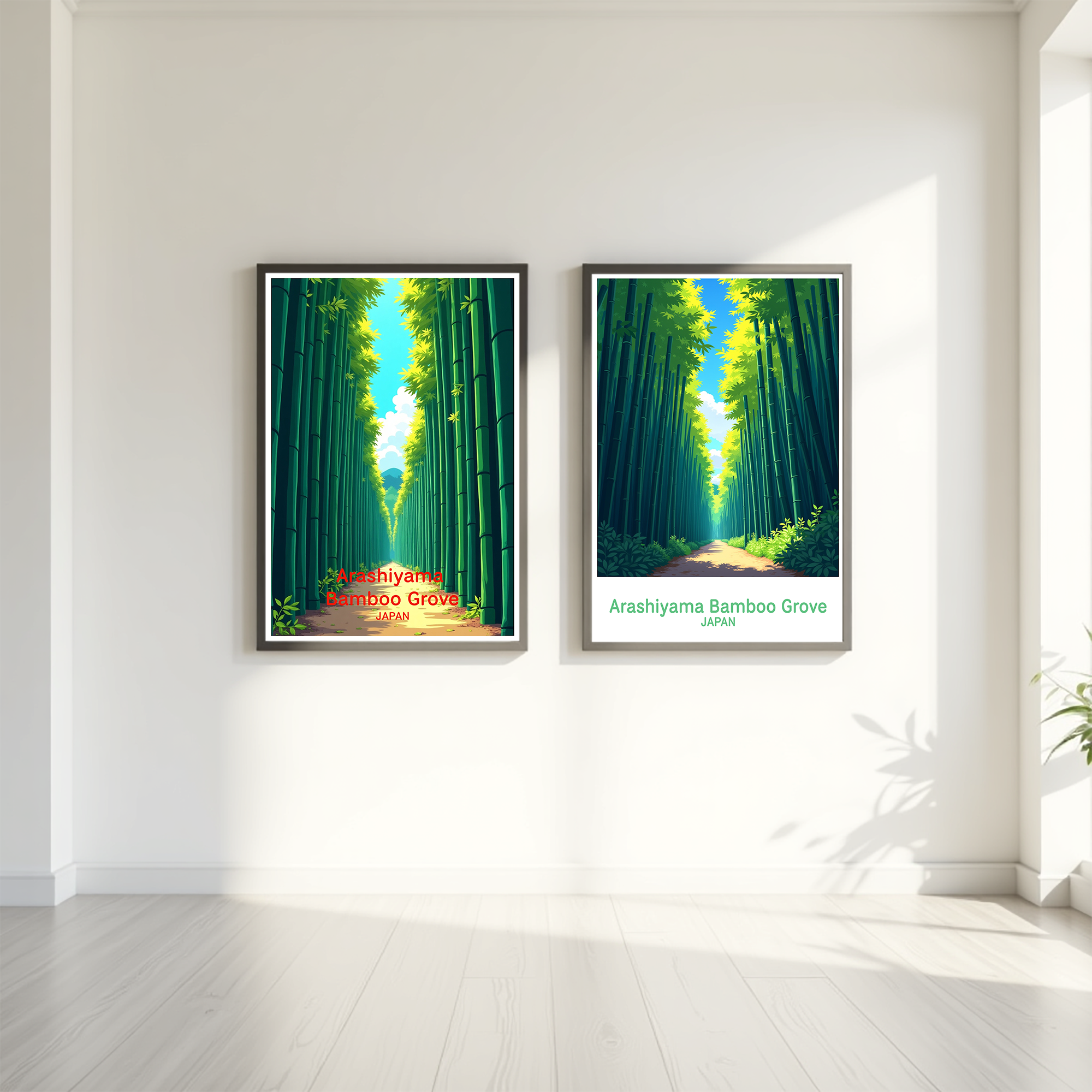 Digital art of Arashiyama Bamboo Grove by Reflectionare, showcasing lush green bamboo stalks and serene forest scenery.