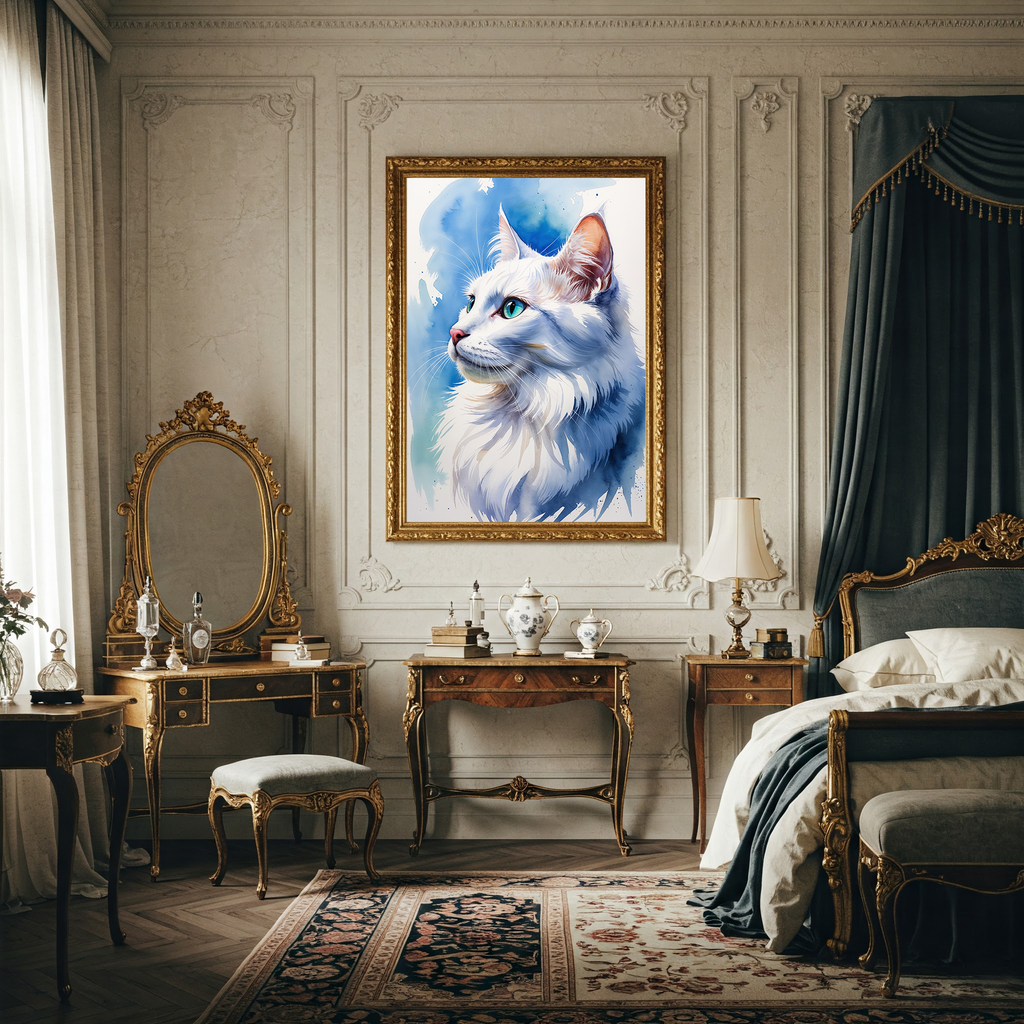 Watercolor white Angora cat portrait in an elegant bedroom
