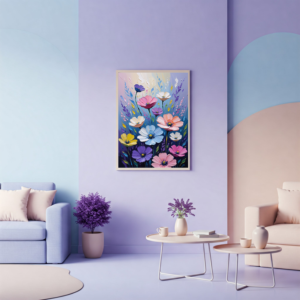 Colorful Impasto Wildflower Bouquet Oil Painting Wall Art — close-up product detail