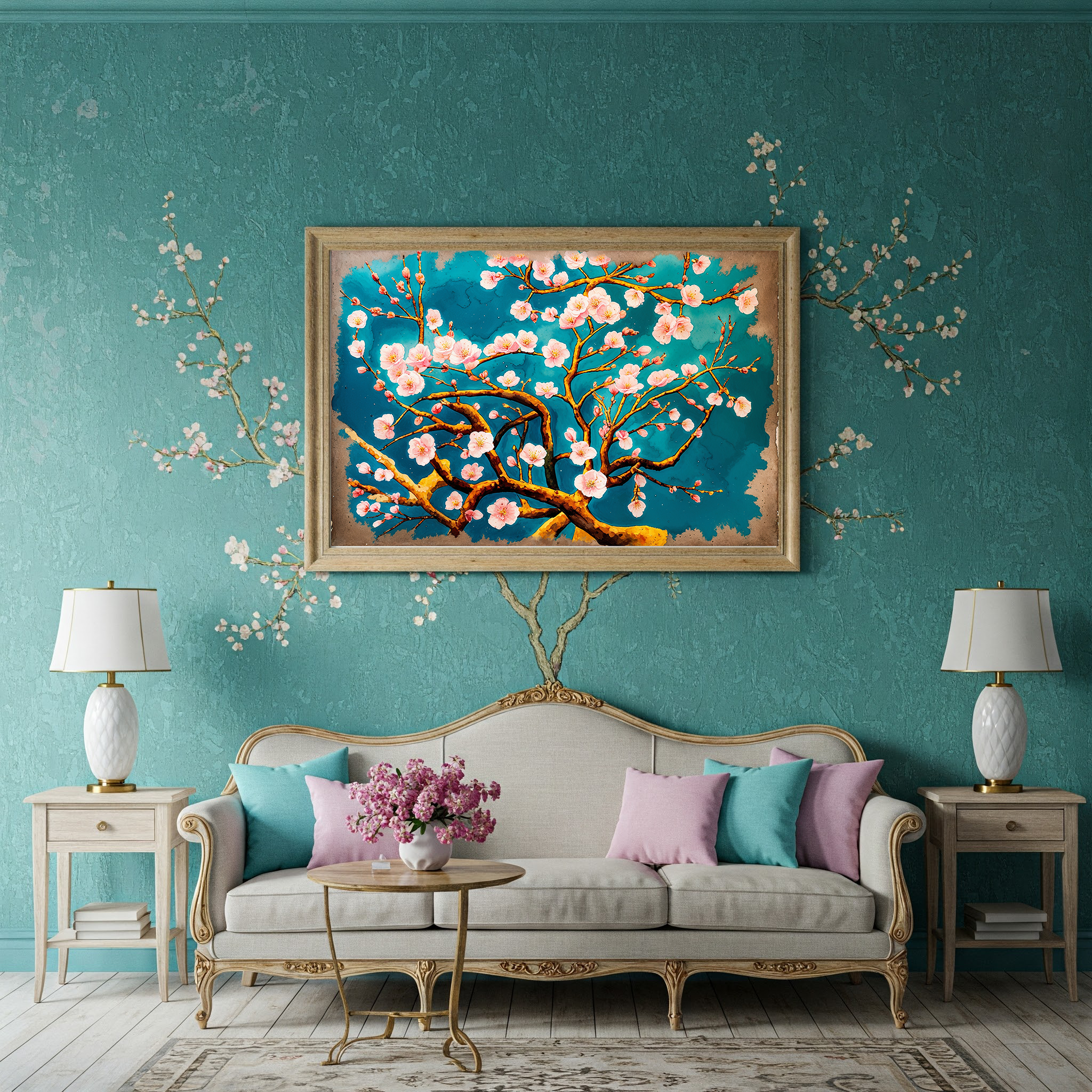 Cherry Blossom Painting Teal Wall Art | Digital Download