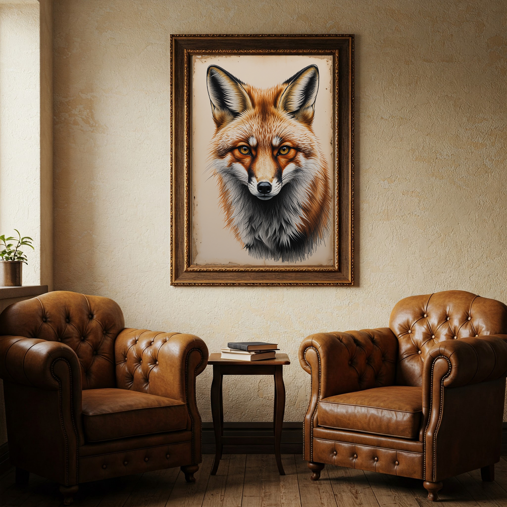 Reflectionare vintage fox portrait digital art featuring a detailed wildlife illustration of a fox in a natural setting.