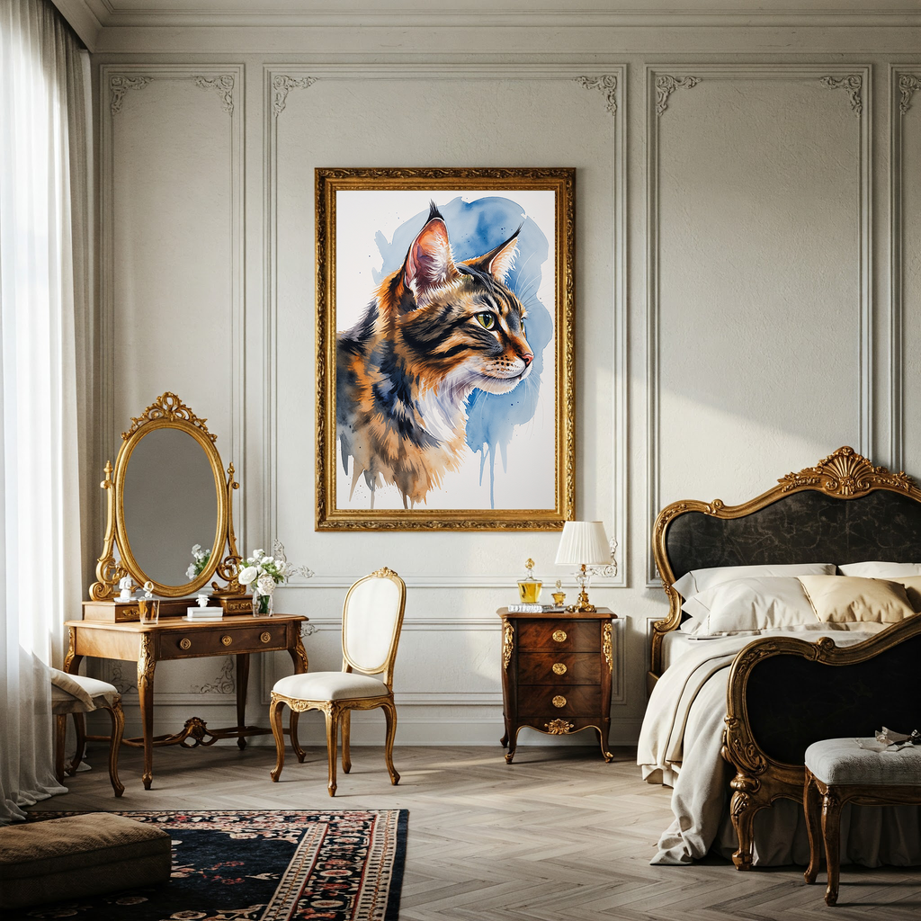 Watercolor Siberian cat portrait in an elegant bedroom
