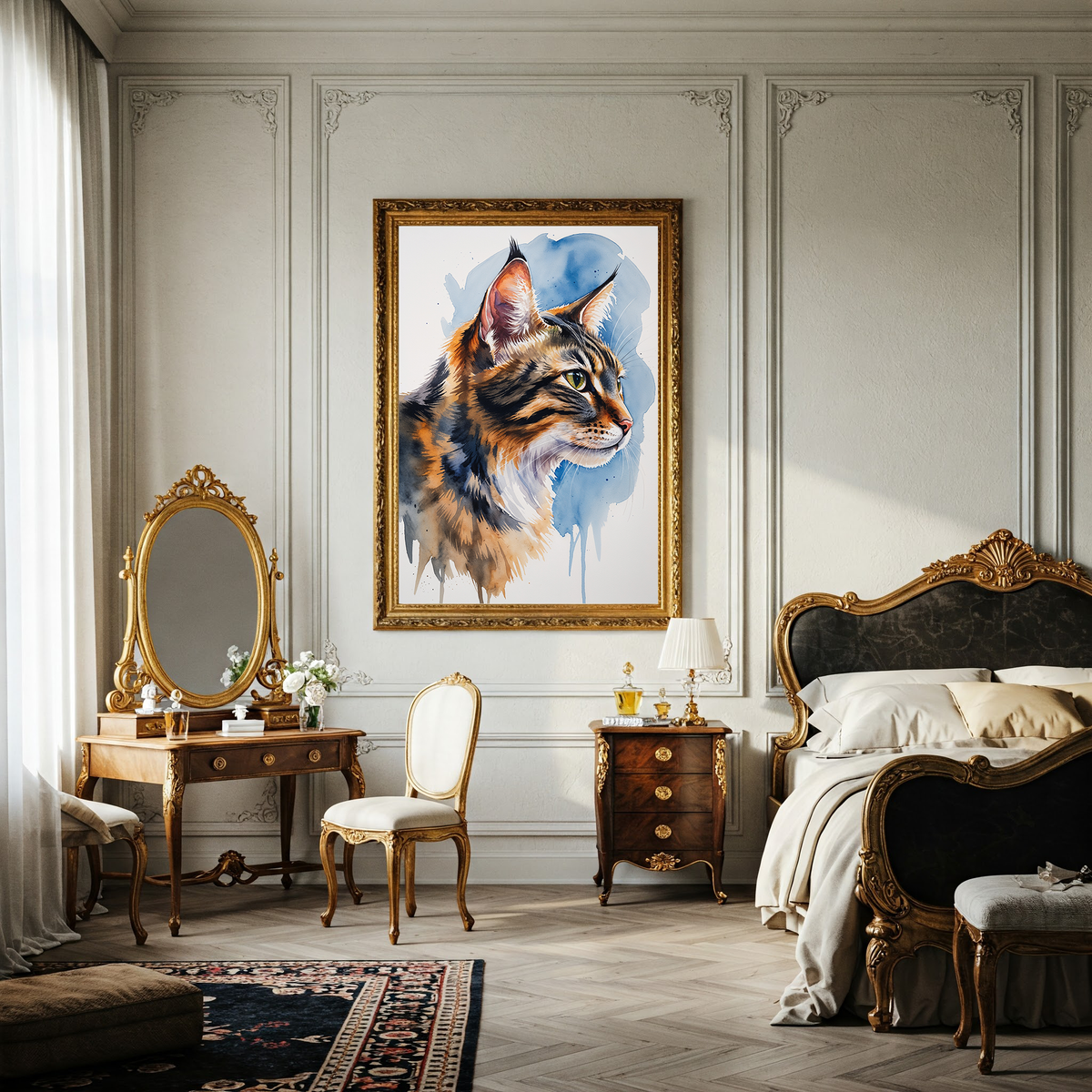 Watercolor Siberian cat portrait in an elegant bedroom