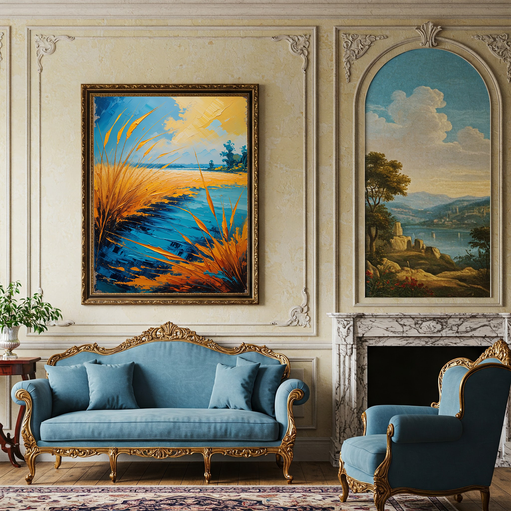 Vintage Lakeside Reeds Wall Art Print | Impressionist Lake Landscape