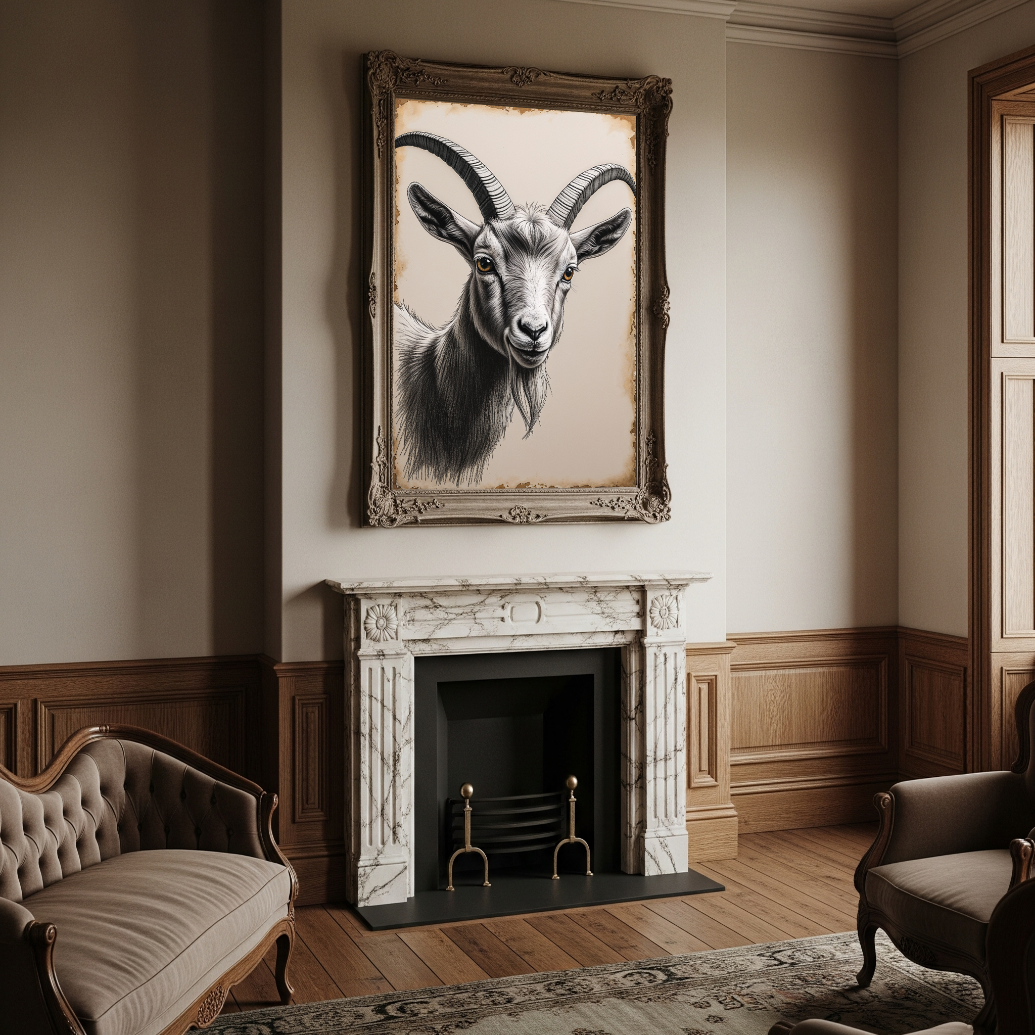 Detailed digital print of a vintage goat portrait, farm animal illustration by Reflectionare, suitable as wall art.