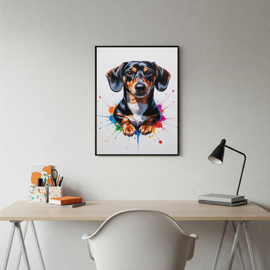 Colorful dachshund digital art by Reflectionare featuring vibrant, abstract hues and playful design on a white background.
