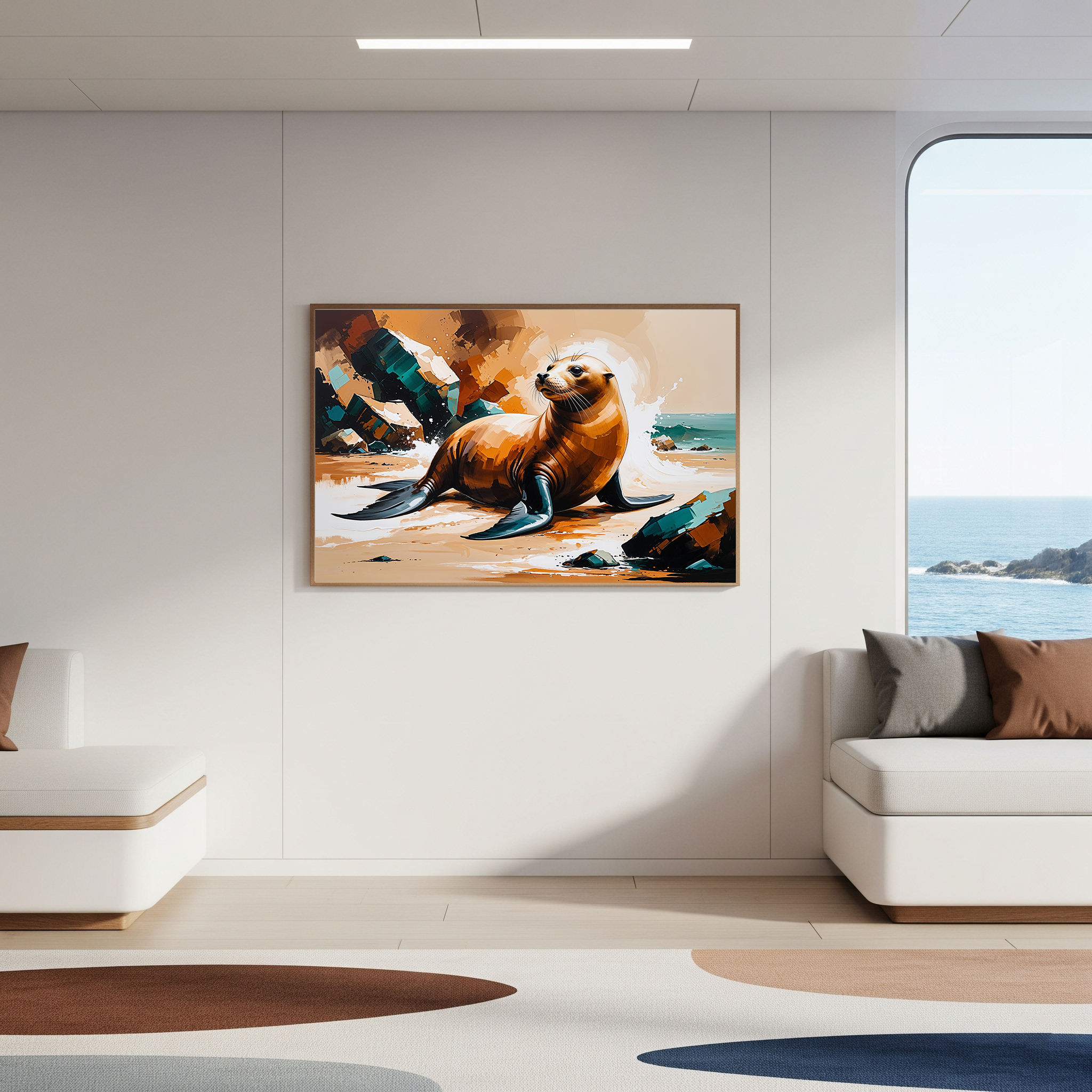 Vibrant Sea Lion Beach Painting Wall Art | Digital Download