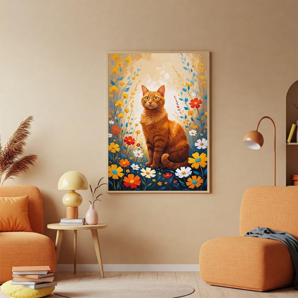 Orange Cat in Wildflowers Wall Art | Digital Download