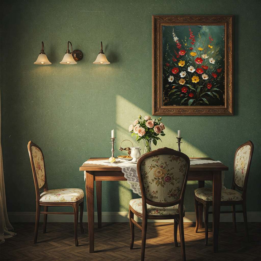 Vintage floral impasto art print by Reflectionare featuring vibrant retro flower wall decor, digital art with textured floral design.