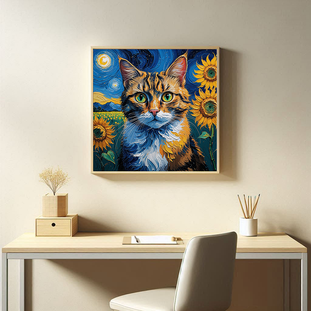 Van Gogh Style Starry Night Cat Sunflower Wall Art — styled gallery preview