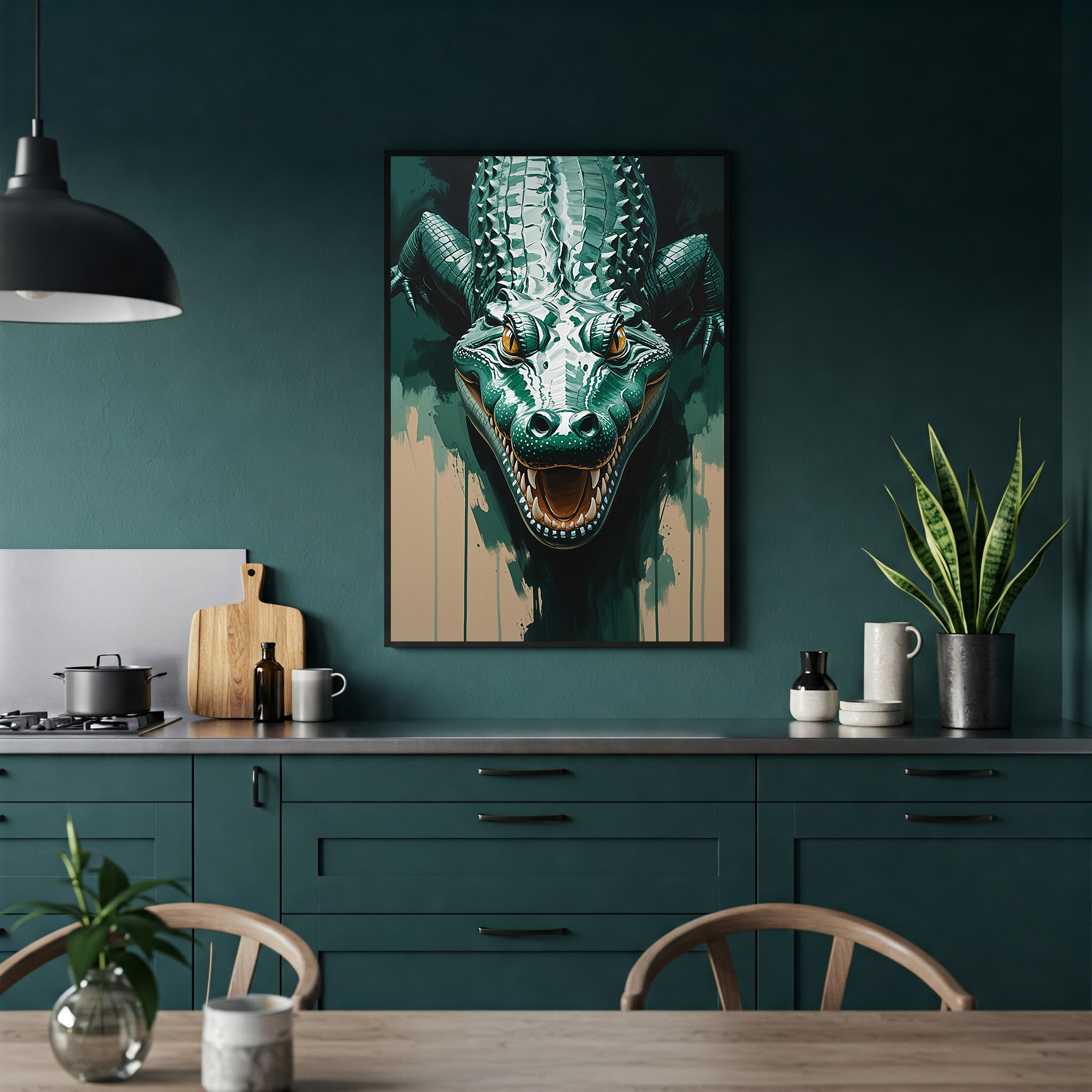 Abstract alligator digital art print by Reflectionare featuring modern reptile wall decor with vibrant, colorful reptile illustration.