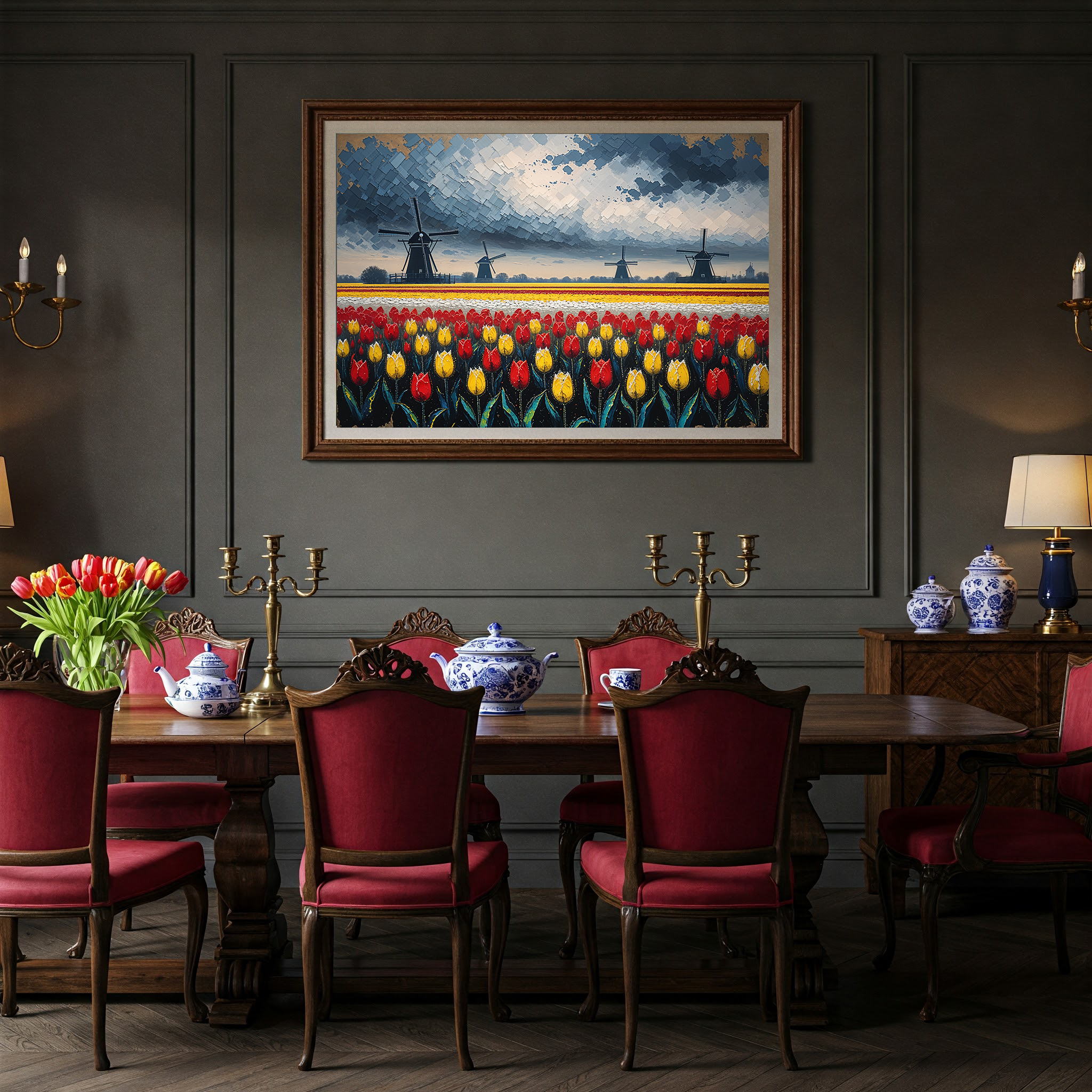 Dutch Tulip Field Windmill Oil Painting | Digital Download