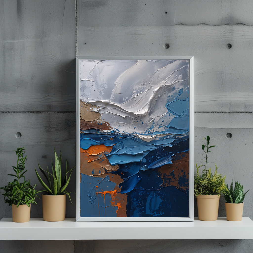 Digital abstract coastline impasto oil painting print by Reflectionare featuring modern textured seascape art with vibrant colors.
