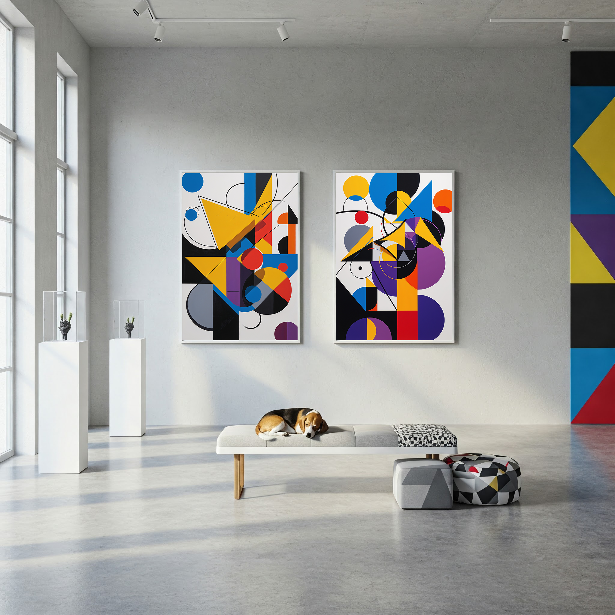 Modern Bauhaus-inspired abstract geometric art print by Reflectionare, featuring vibrant shapes and clean lines on a digital wall decor.