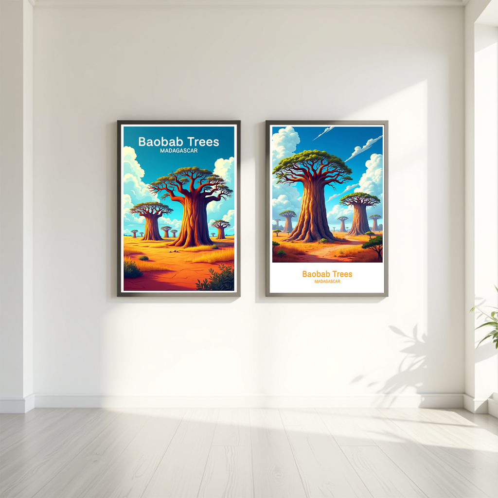 Digital art of Baobab trees by Reflectionare, showcasing vibrant, stylized African landscape with towering, unique tree silhouettes.
