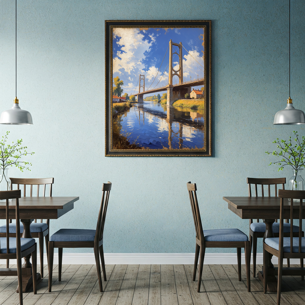 Vintage Suspension Bridge River Painting Wall Art | Digital Download