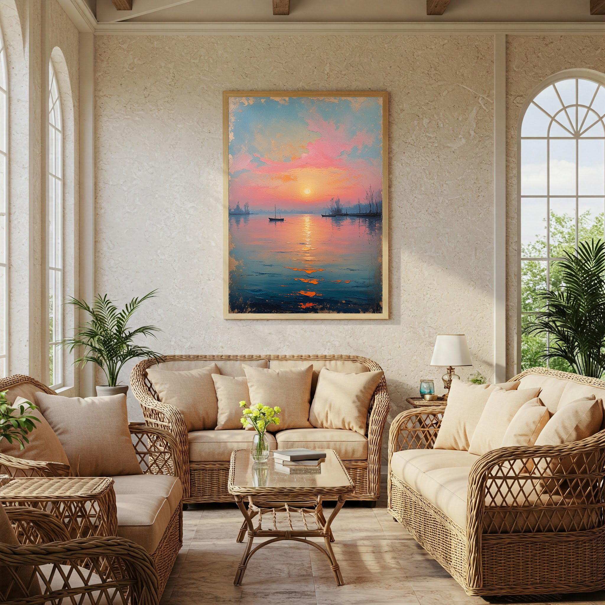 Serene Sunset Boat Painting Lake Seascape | Digital Download
