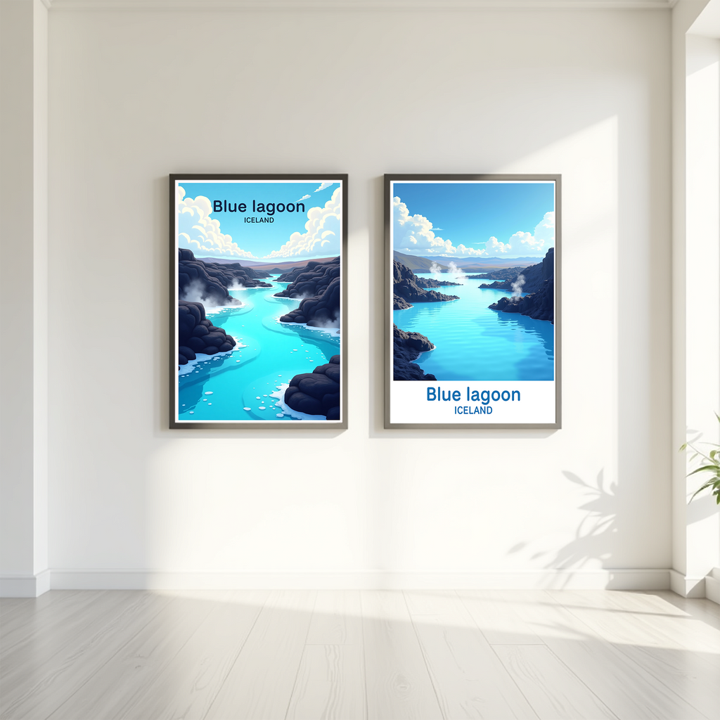 Digital art piece titled "Blue Lagoon" by Reflectionare featuring a vibrant, serene lagoon scene with lush blue waters.