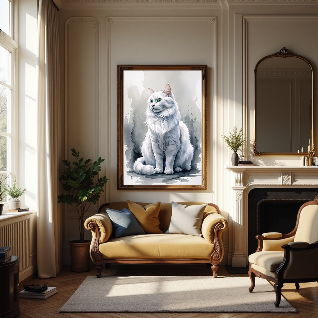Watercolor white cat portrait above a chaise lounge