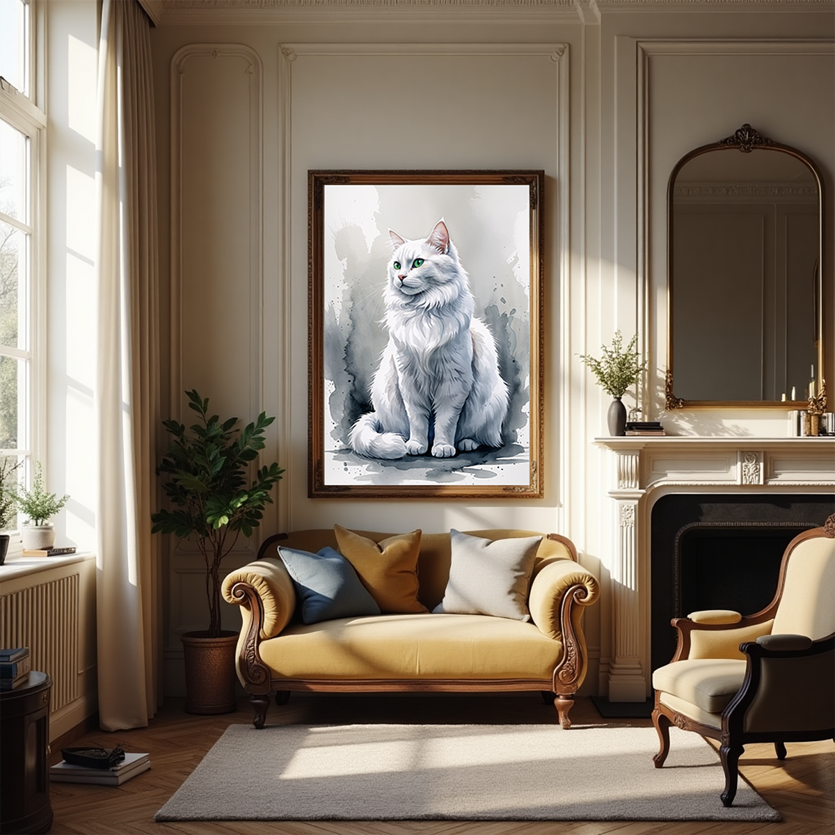 Watercolor white cat portrait above a chaise lounge