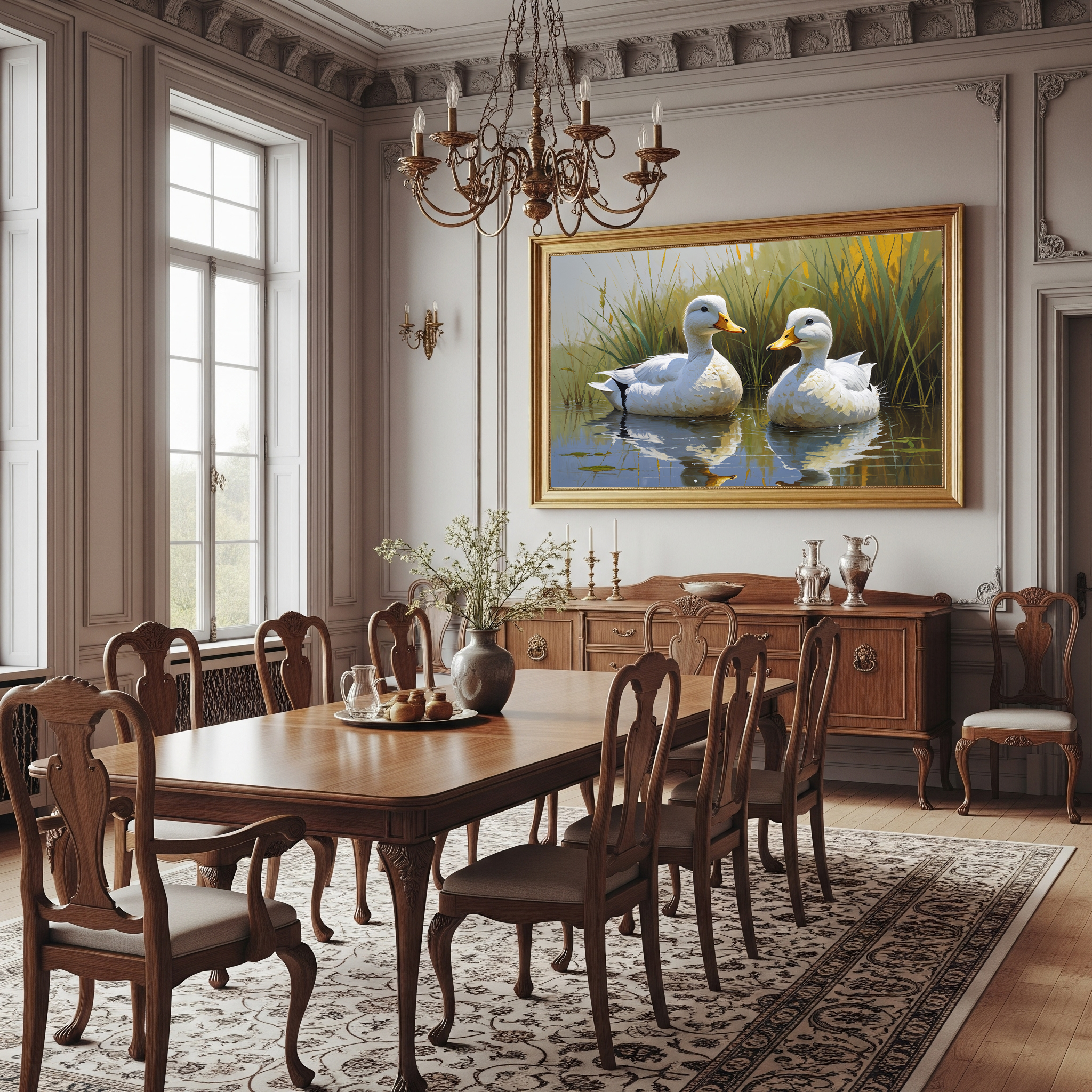 Vintage White Ducks Pond Painting Wall Art | Digital Download