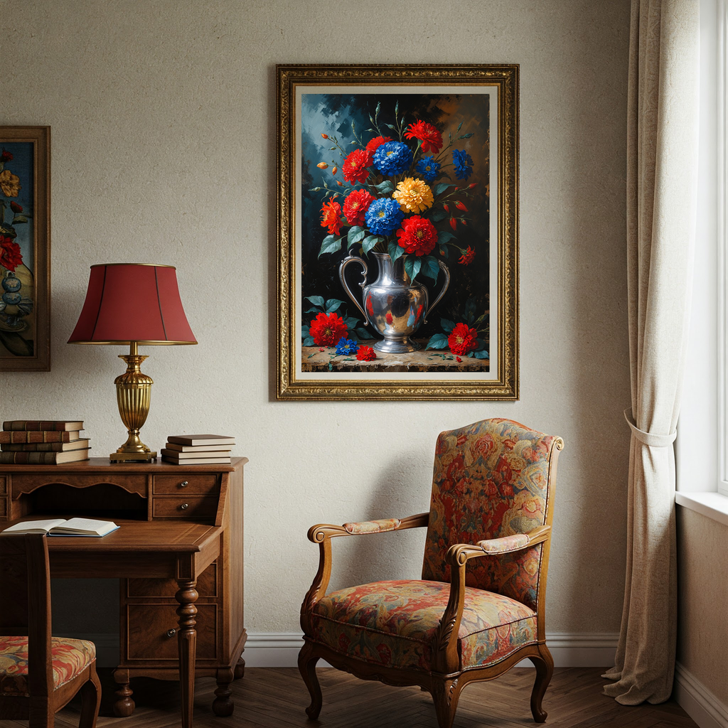 Vintage Silver Vase Red Blue Flowers Painting | Digital Download