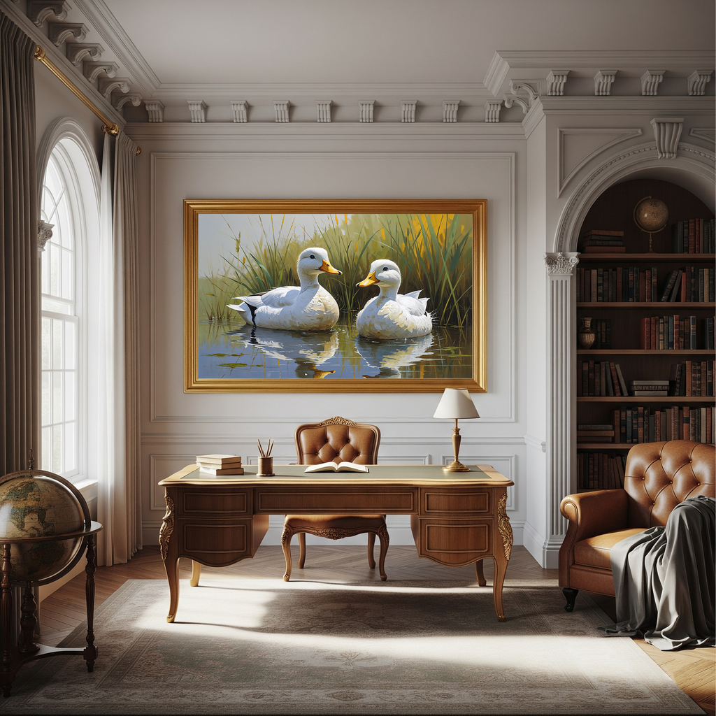 Vintage White Ducks Pond Painting Wall Art | Digital Download