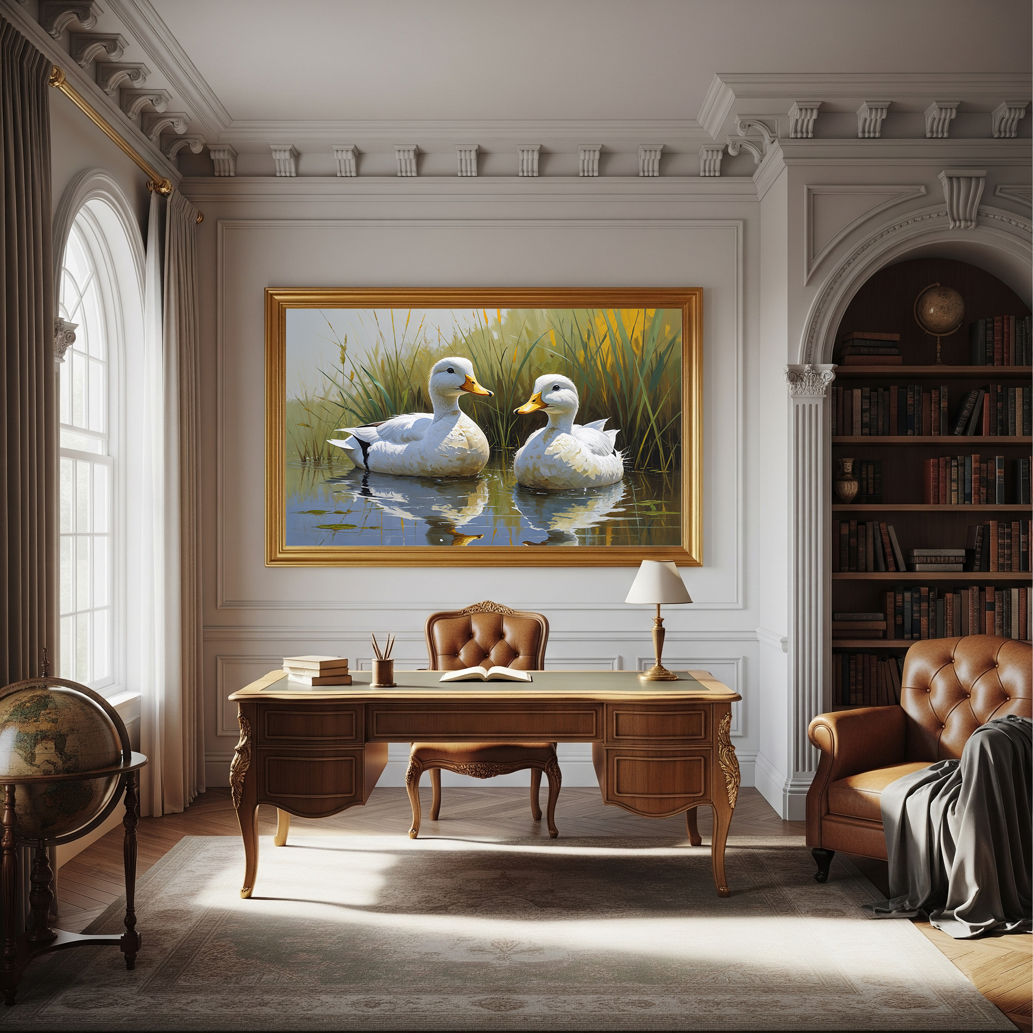 Vintage White Ducks Pond Painting Wall Art | Digital Download