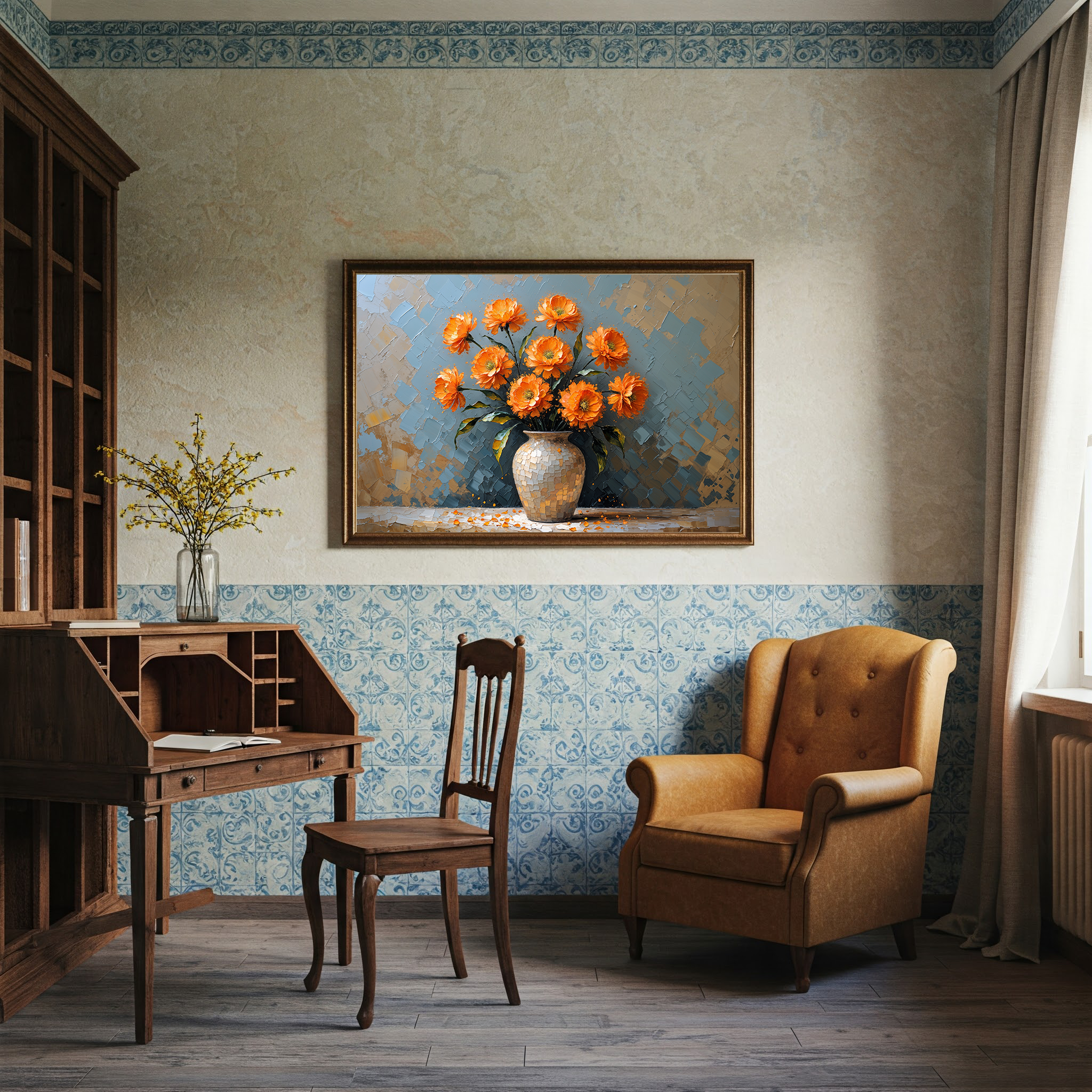 Vintage Orange Flowers Vase Oil Painting | Digital Download