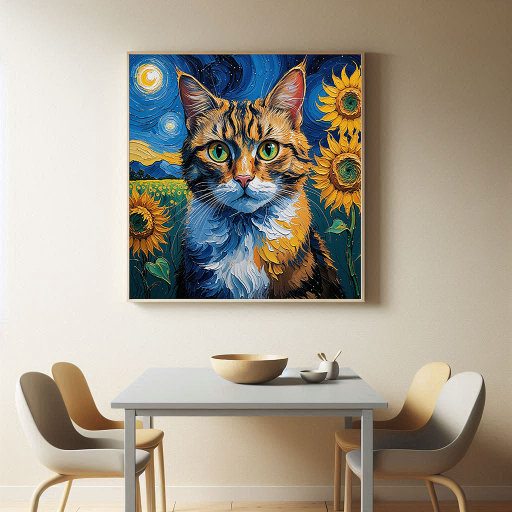 Van Gogh Style Starry Night Cat Sunflower Wall Art — close-up product detail