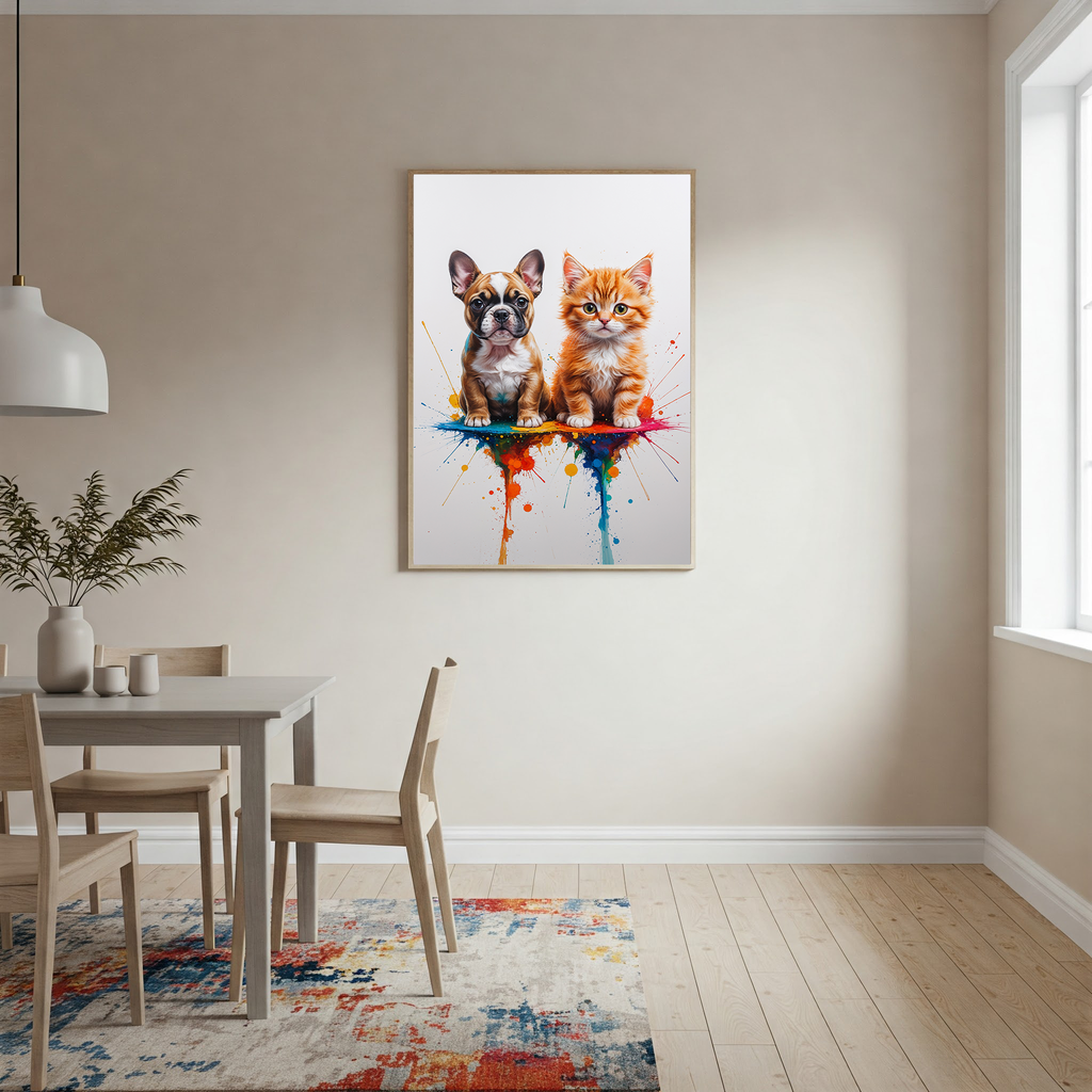 French Bulldog and Kitten Colorful Splash Art Print