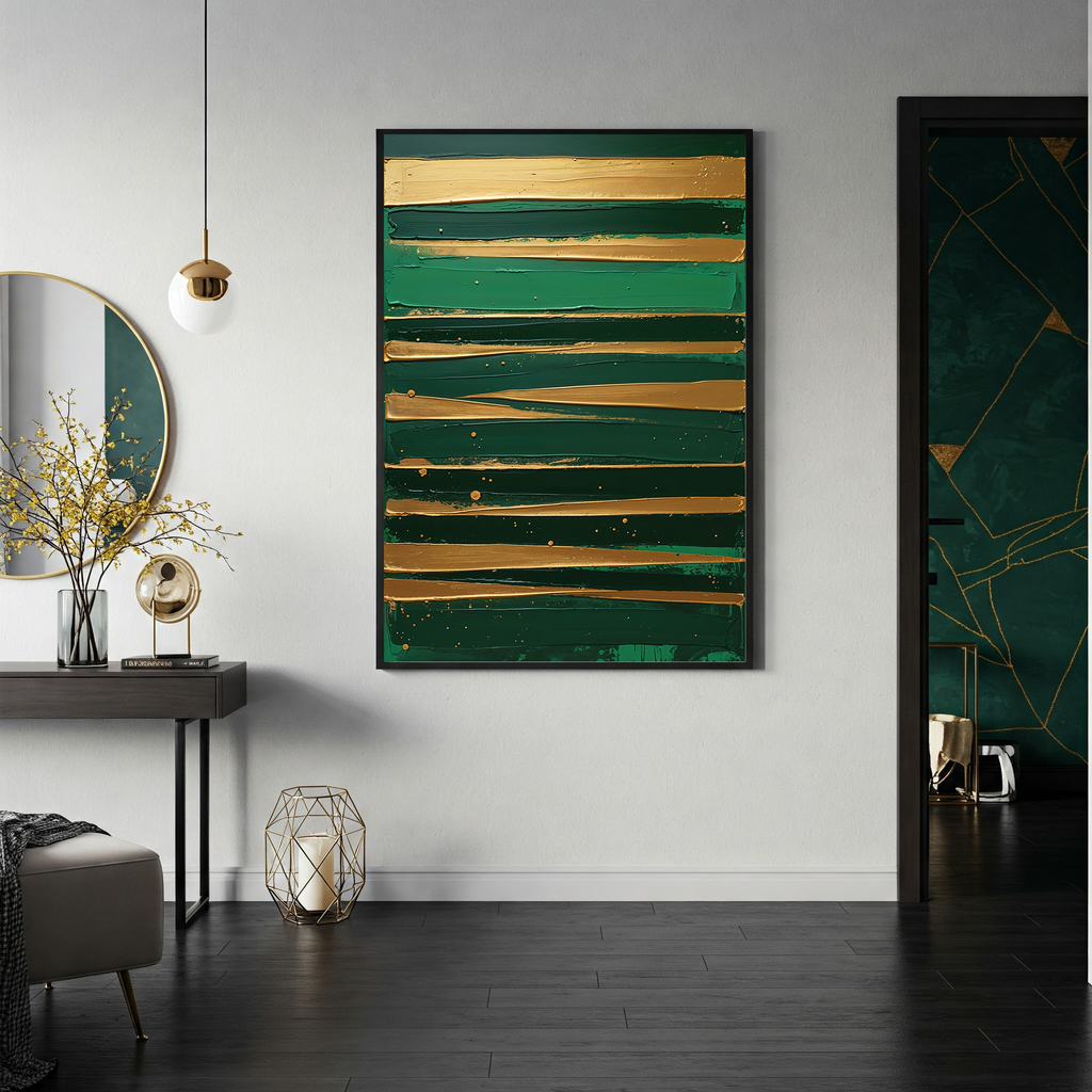 Golden Brushstrokes Green Abstract Wall Art | Digital Download