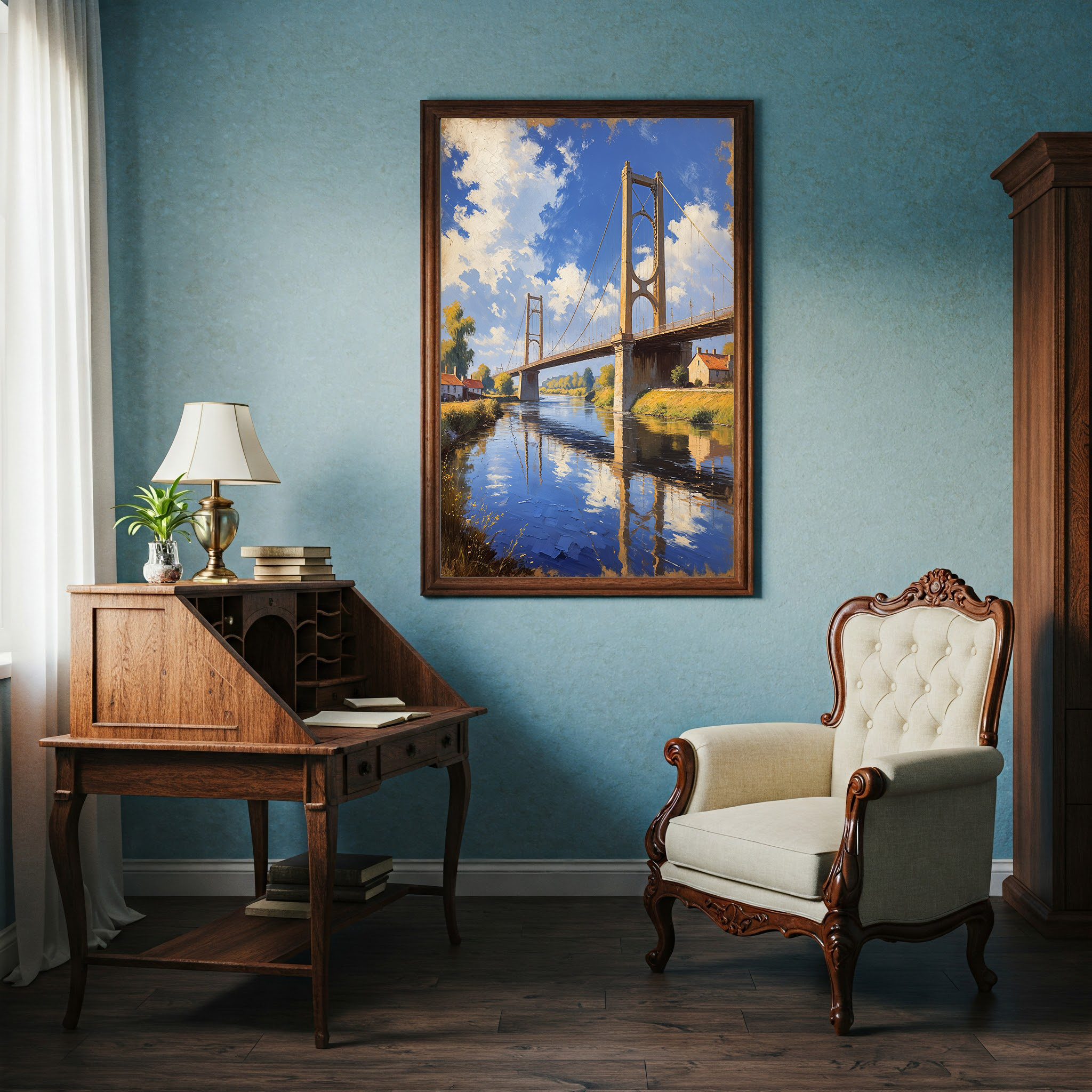 Vintage Suspension Bridge River Painting Wall Art | Digital Download
