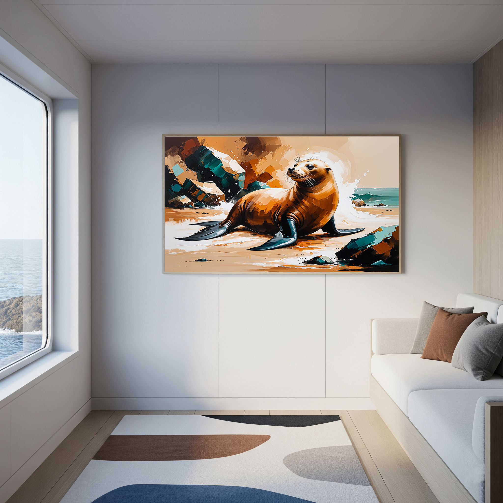 Vibrant Sea Lion Beach Painting Wall Art | Digital Download
