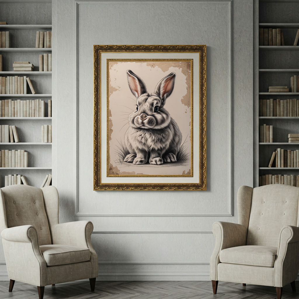 Vintage bunny portrait art print by Reflectionare, featuring retro animal wall decor in a digital art style.
